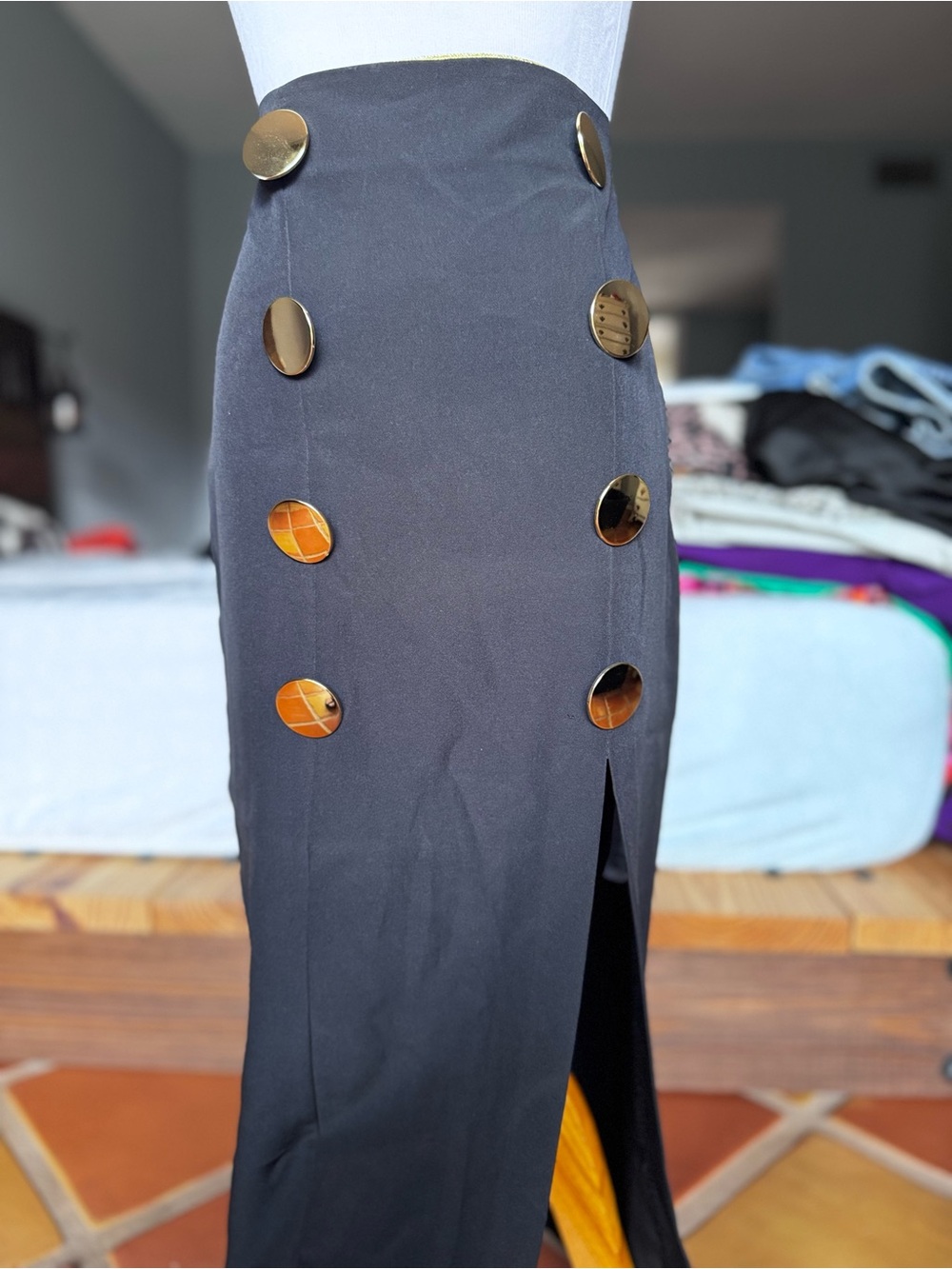 Zara Black Midi Pencil Skirt with Gold Disc Buttons